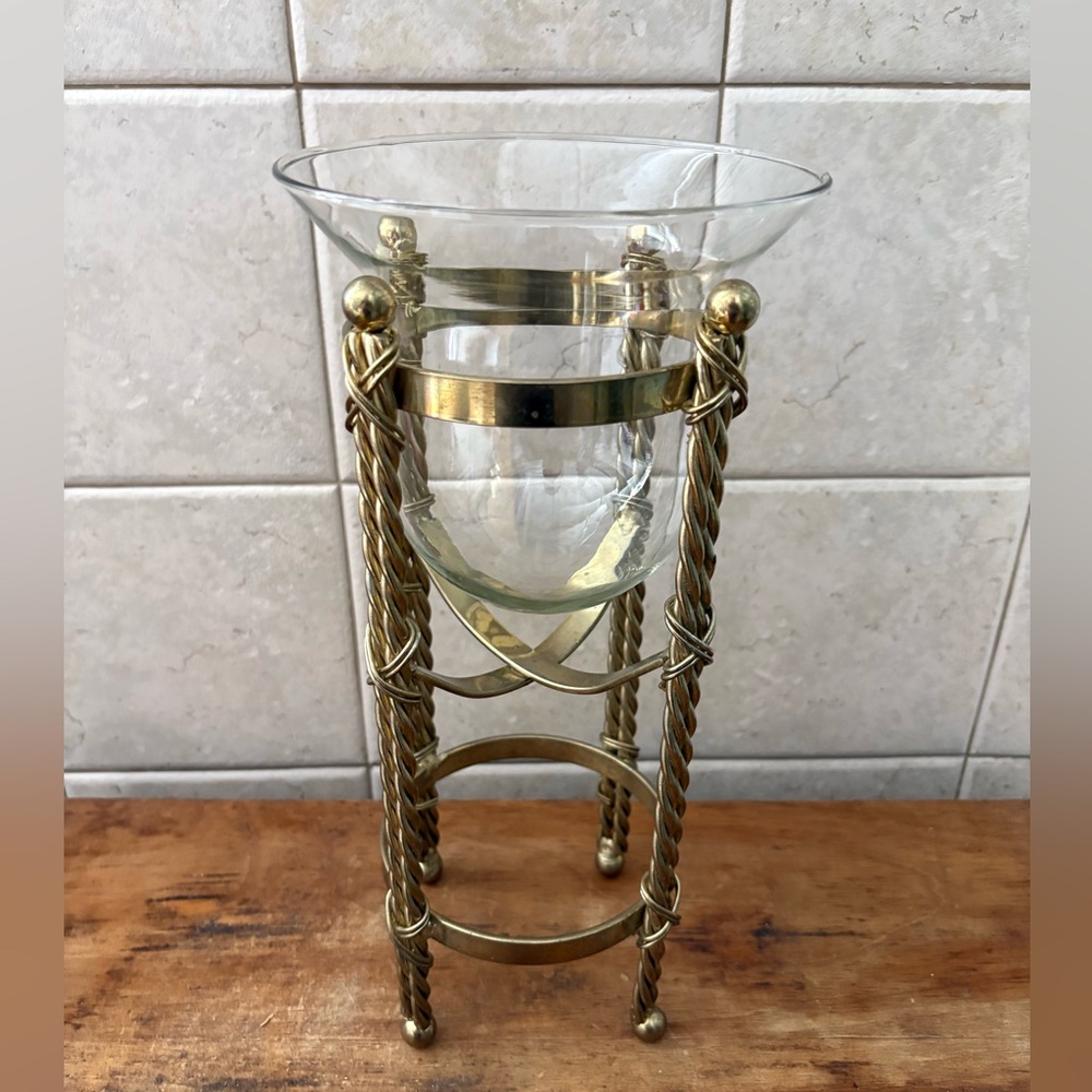 Vintage Brass Candle Stand Holder Twisted Rope Design with Glass Bowl 11" High